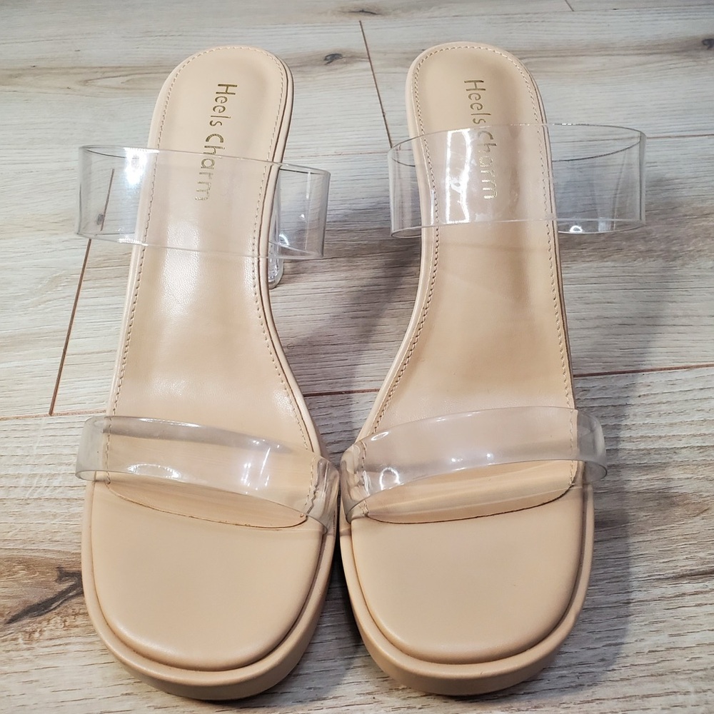 Heels Charm Women's Tan Clear Heeled Sandals